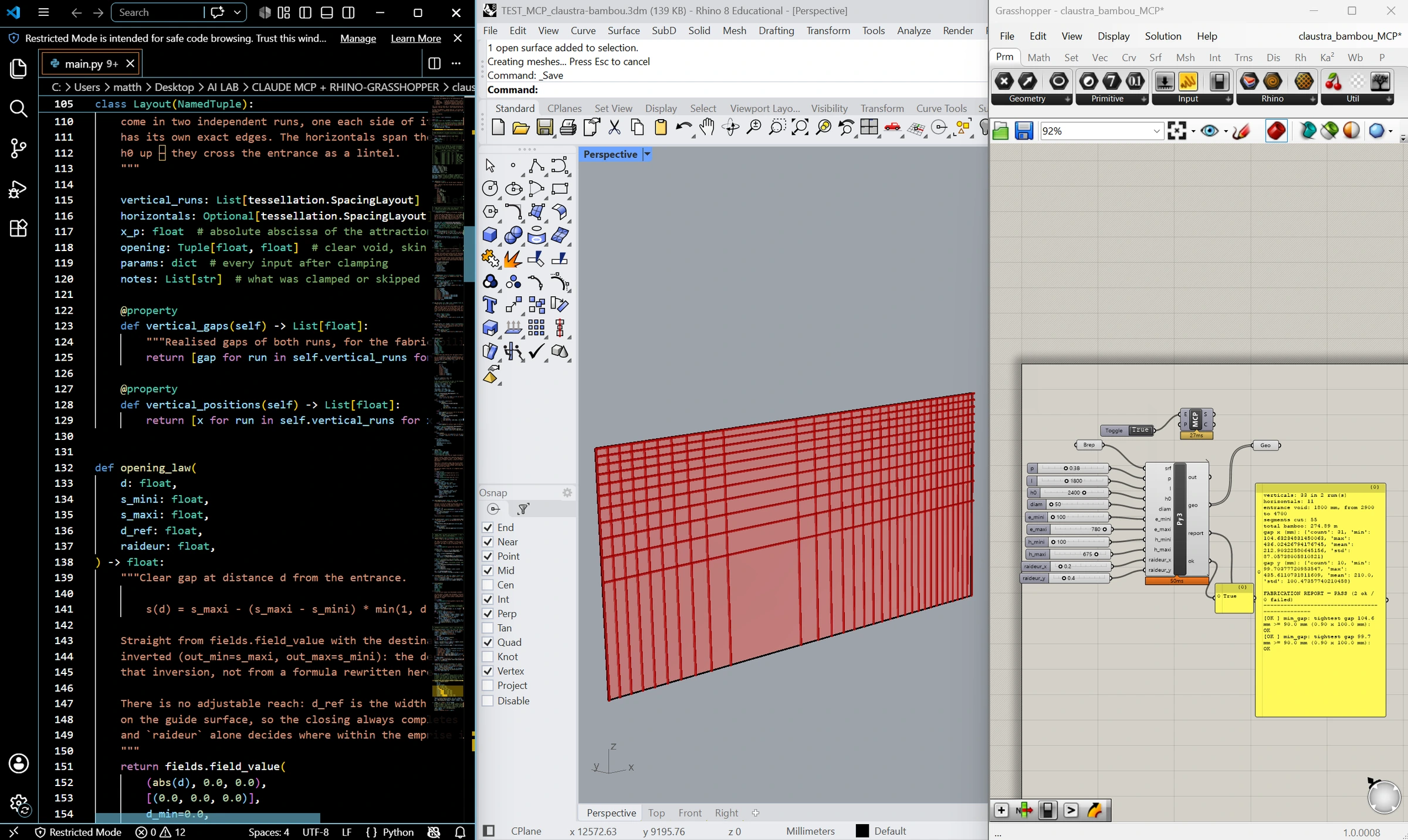 The three layers on screen: the Python script that carries the geometry, the Rhino viewport that shows it, and the Grasshopper canvas reduced to handling the inputs.