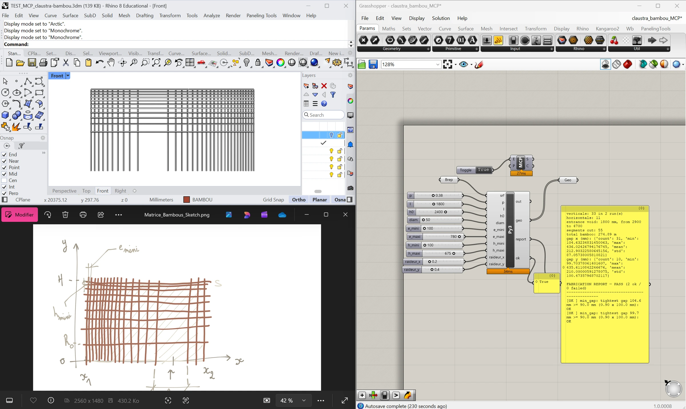 The hand-annotated sketch, left, and the bamboo screen it produced — the spacing follows the law noted on the drawing.