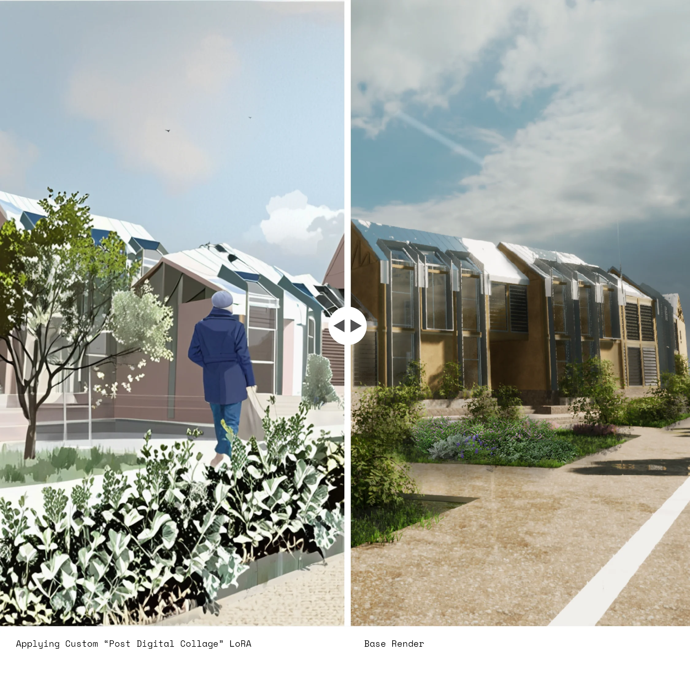 On the right the original render, on the left the same framing run through the local pipeline with the “Post-Digital Collage” LoRA. Same geometry, another narration.