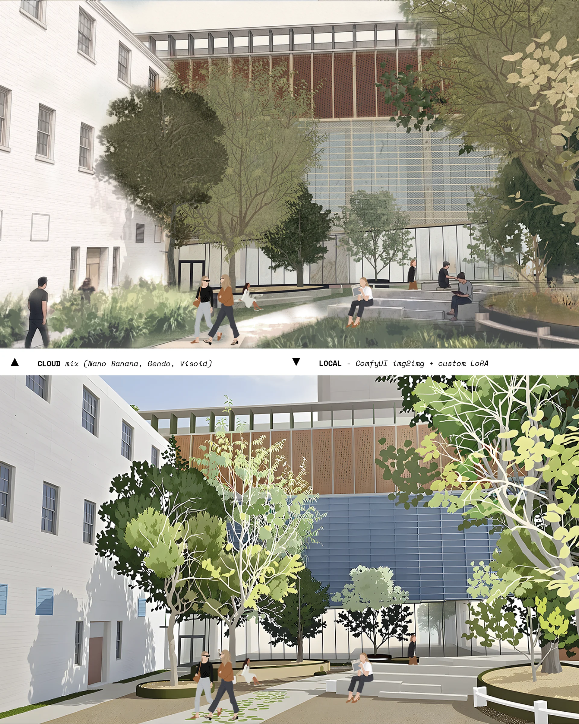 Above, a mix of cloud models: the scene populates itself. Below, the local pipeline: the geometry holds, the style is mine. Neither replaces the other.