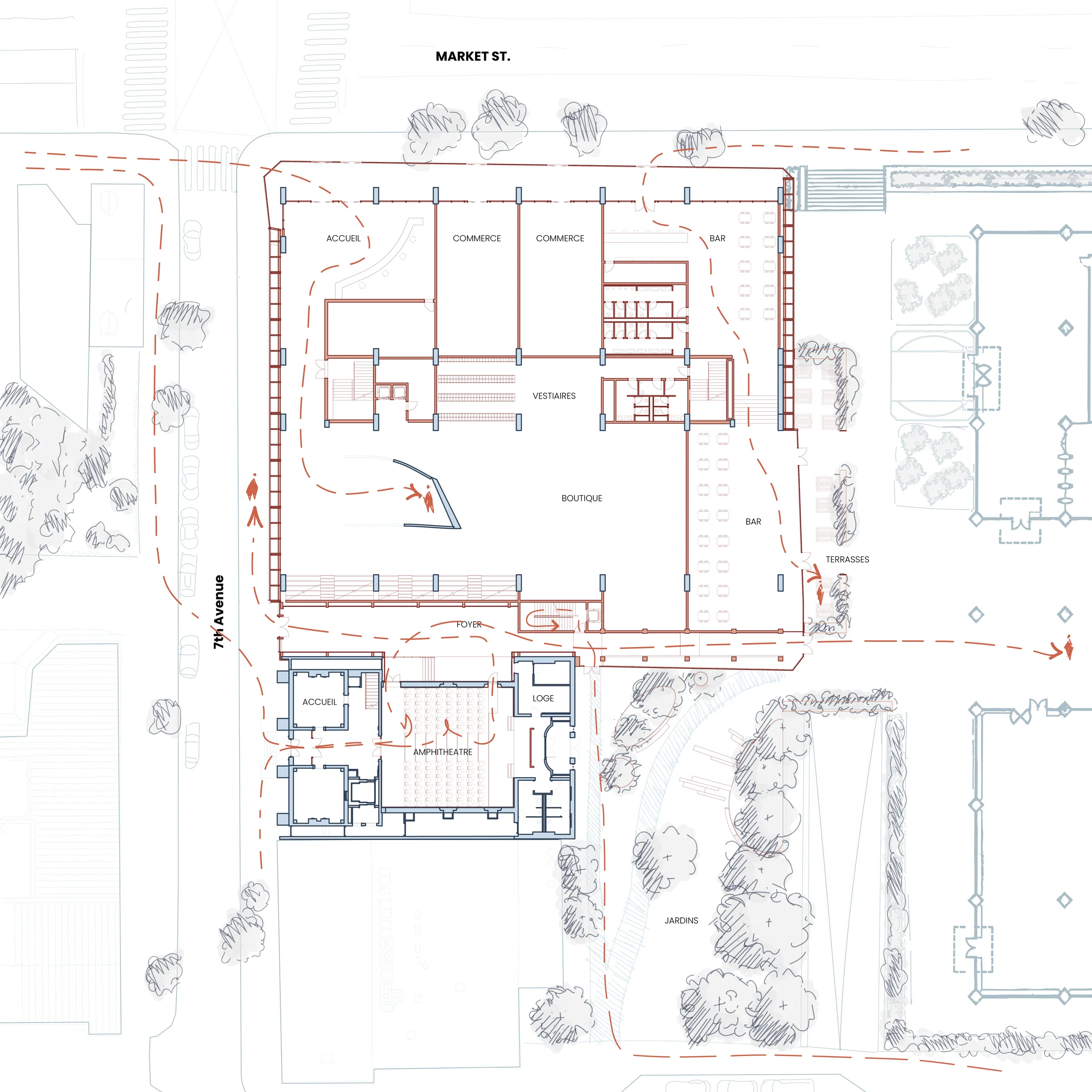 Plan of the Lyceum's first level and the ground floor of the repurposed car park