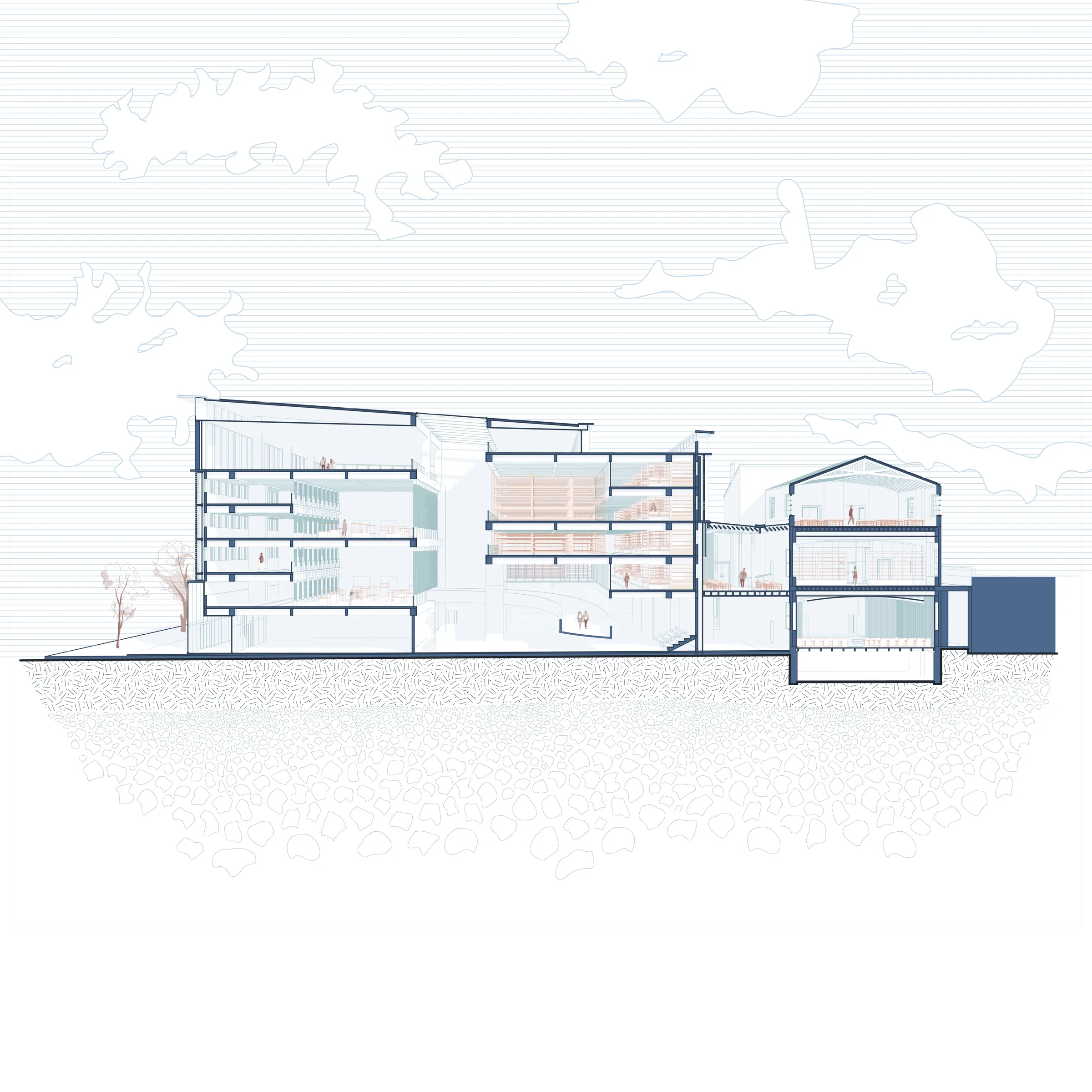 Perspective section on a north–south axis, through the museum atrium, the archive consultation room and the central spaces of the Lyceum