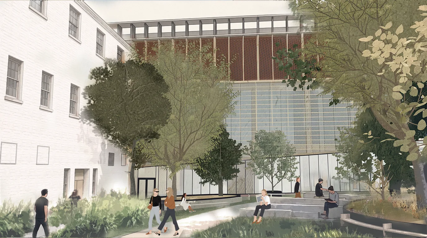 Collage. View from the reclaimed gardens at the heart of the block. Dialogue between the historic building and the repurposed car-park infrastructure