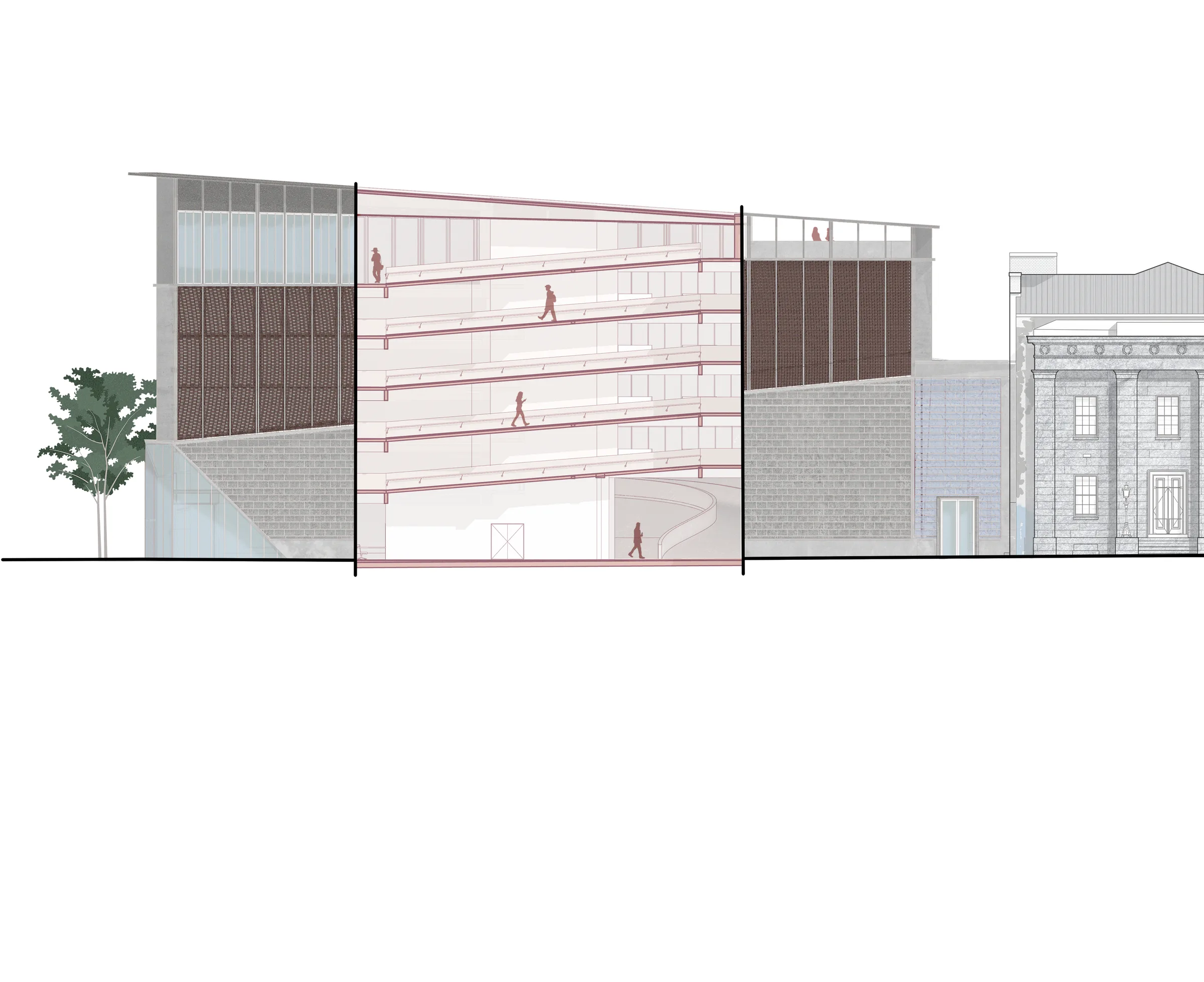 Collage. The 7th Avenue façade reveals the museum machine, whose ramps are at the heart of the visitor's path
