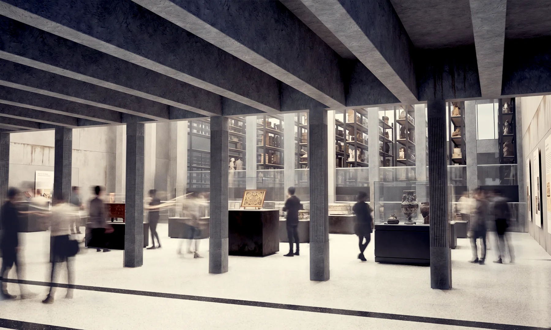 The visitor leaves the peristyle promenade to enter the double-height rooms bathed in natural overhead light