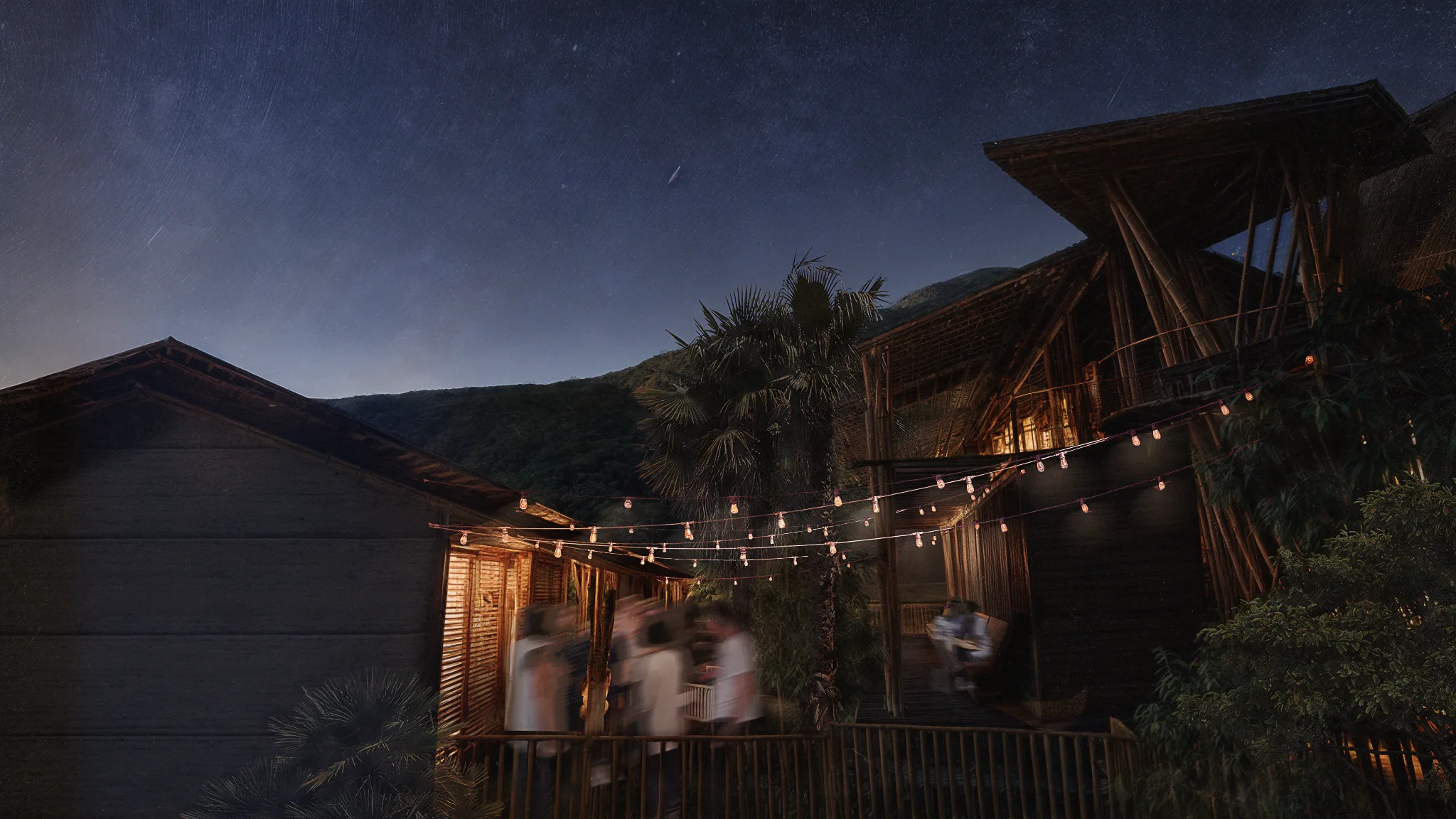 The central courtyard comes alive at nightfall