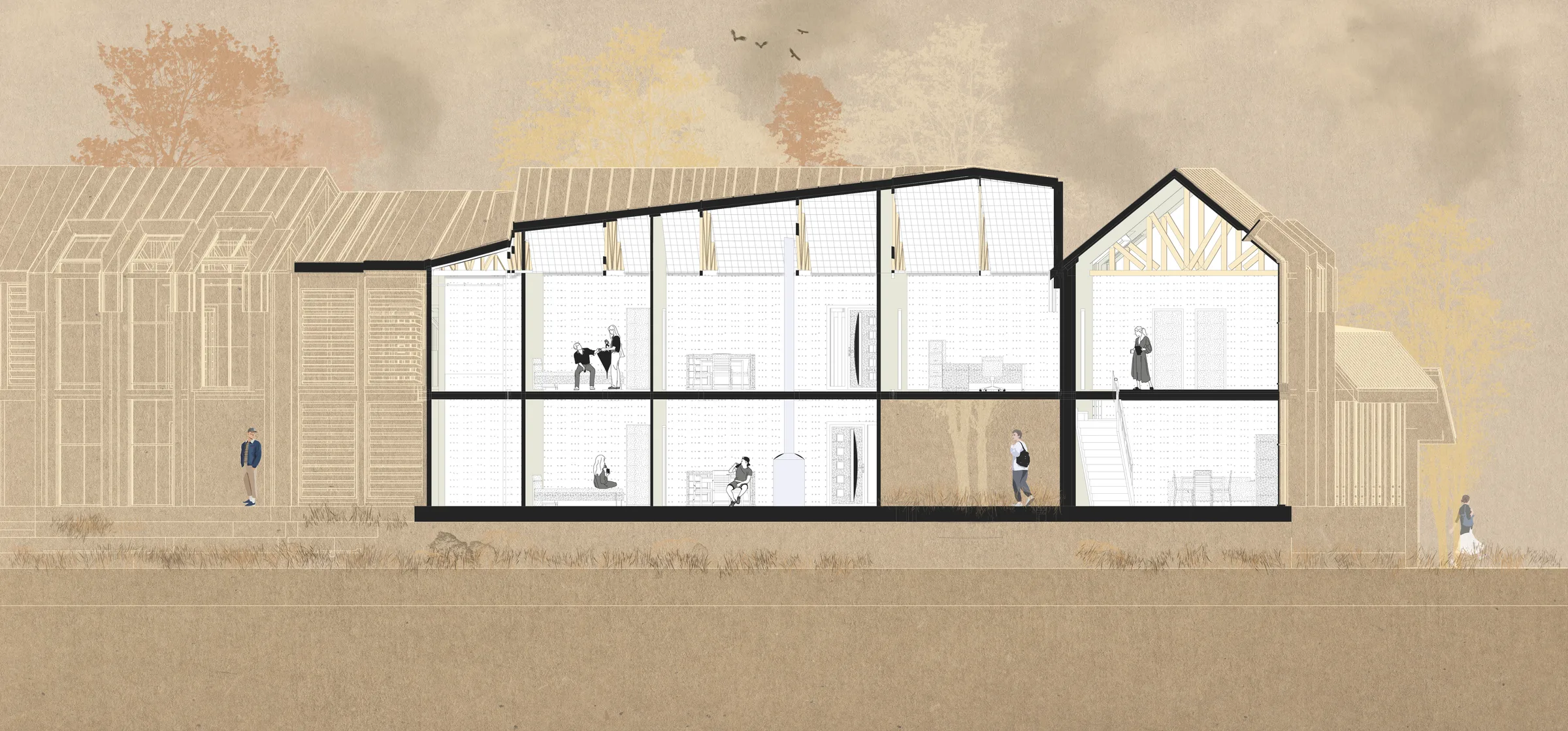 Perspective section through the dwellings on the planted-swale side