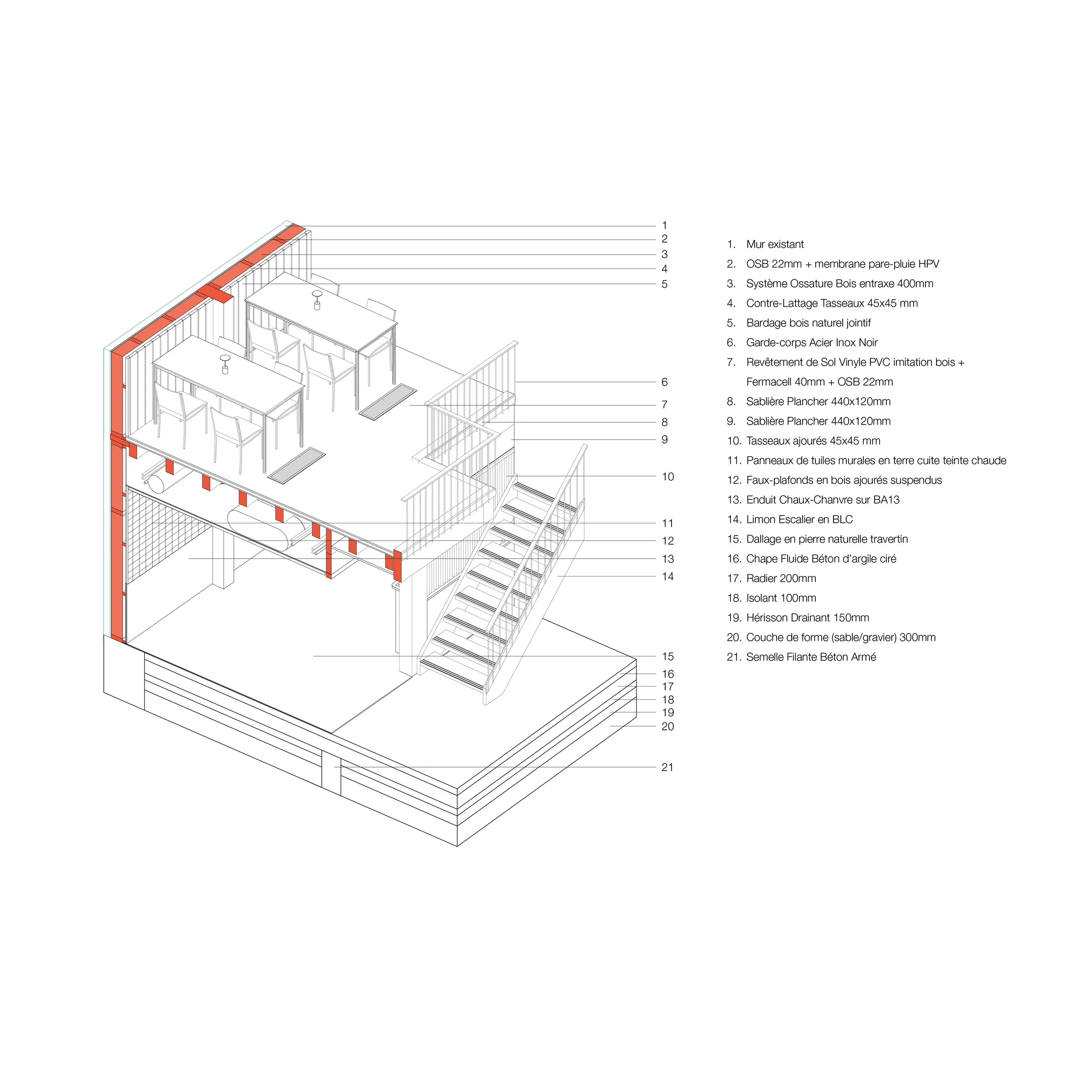 Constructive axonometric section through the north wing — dining room and coworking spaces