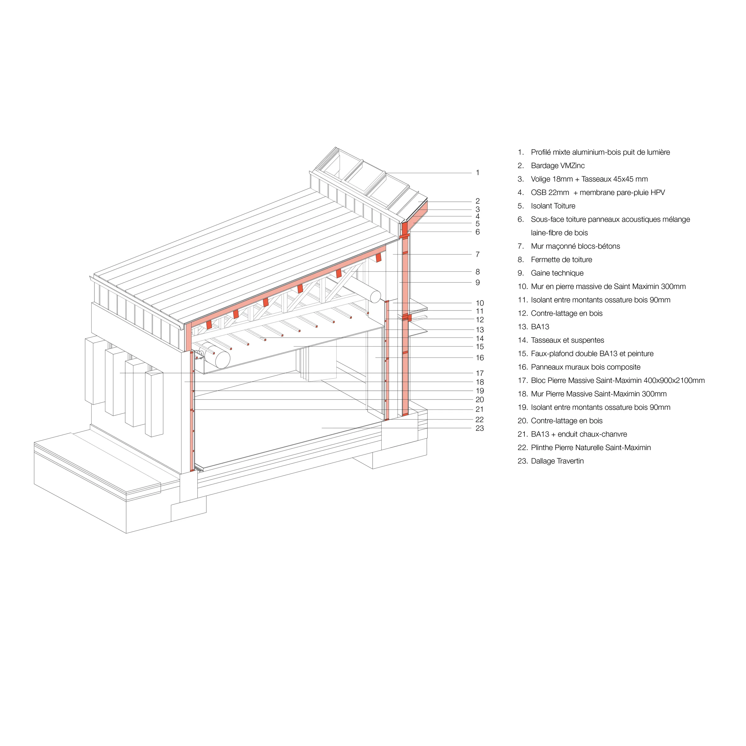 Constructive axonometric section through the multi-purpose hall