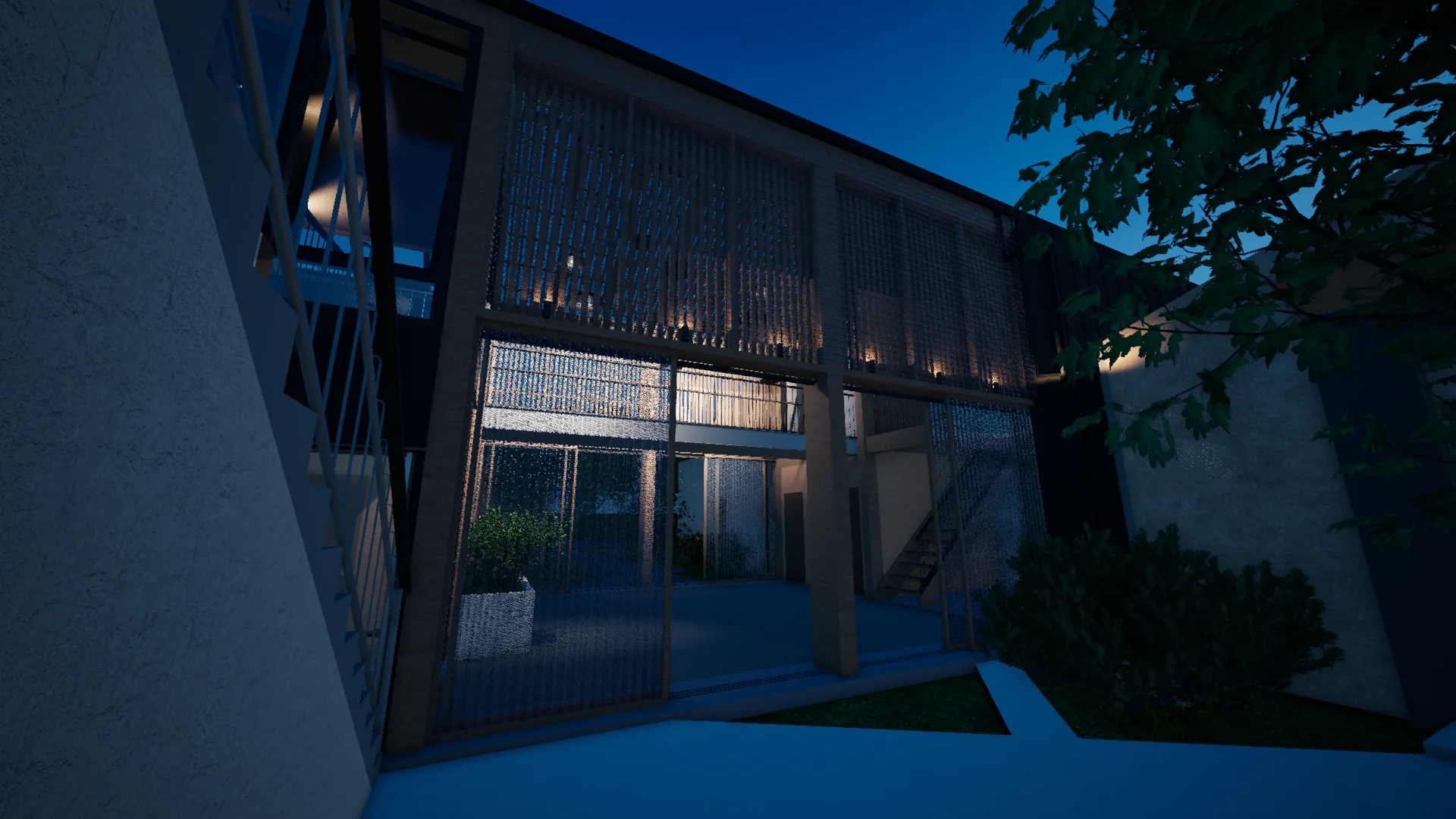Atrium from the west gardens at dusk