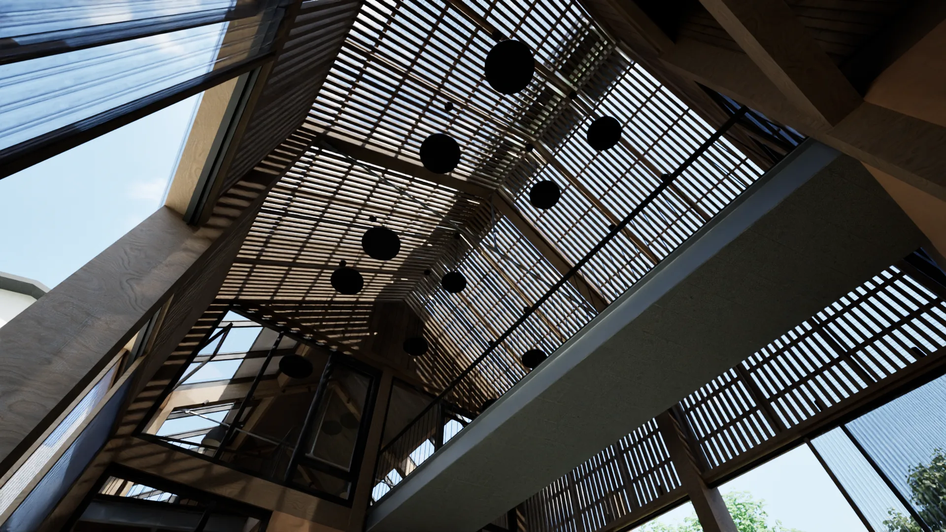 View of the atrium and its system for filtering overhead light