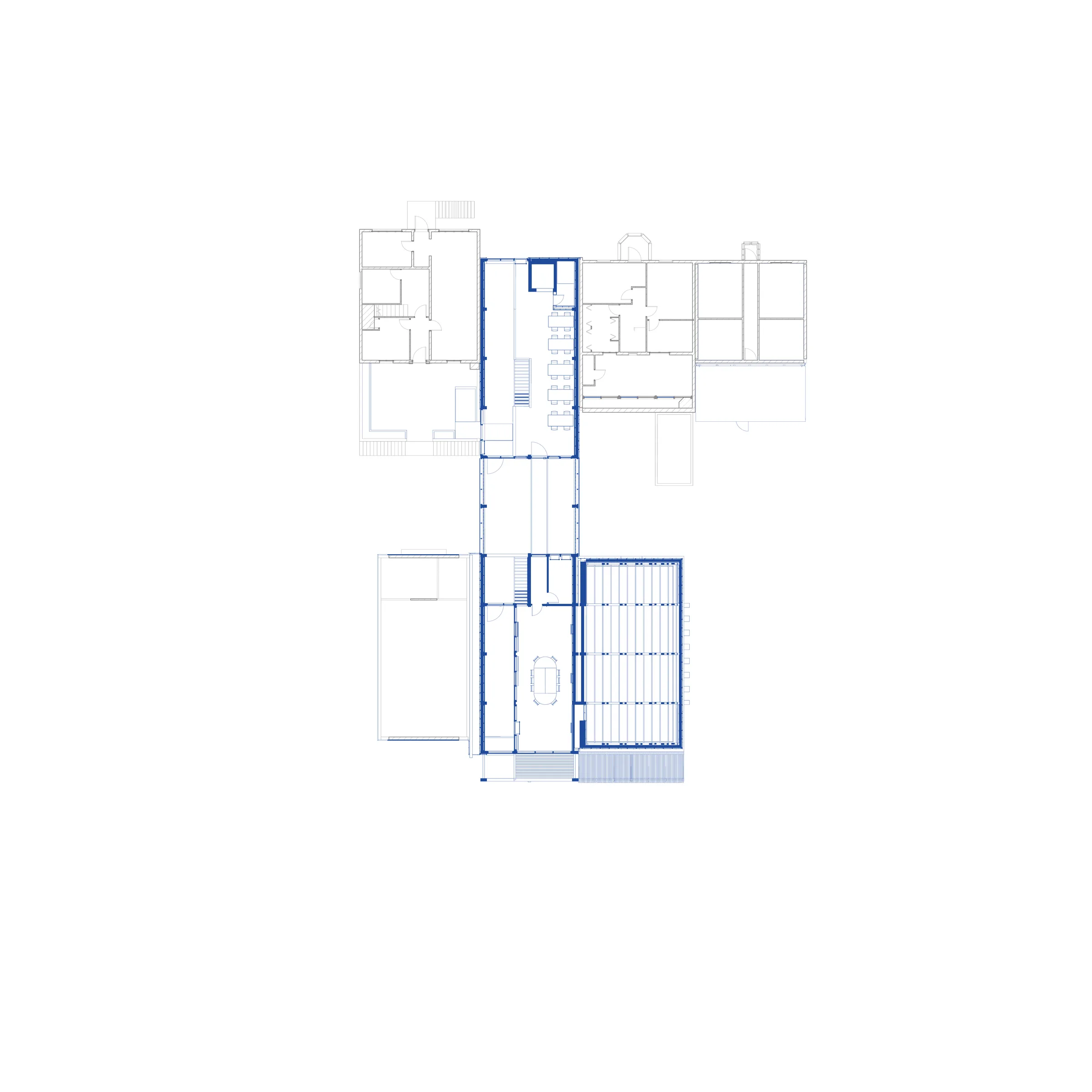 First-floor plan, distinguishing existing (grey) from project (blue)
