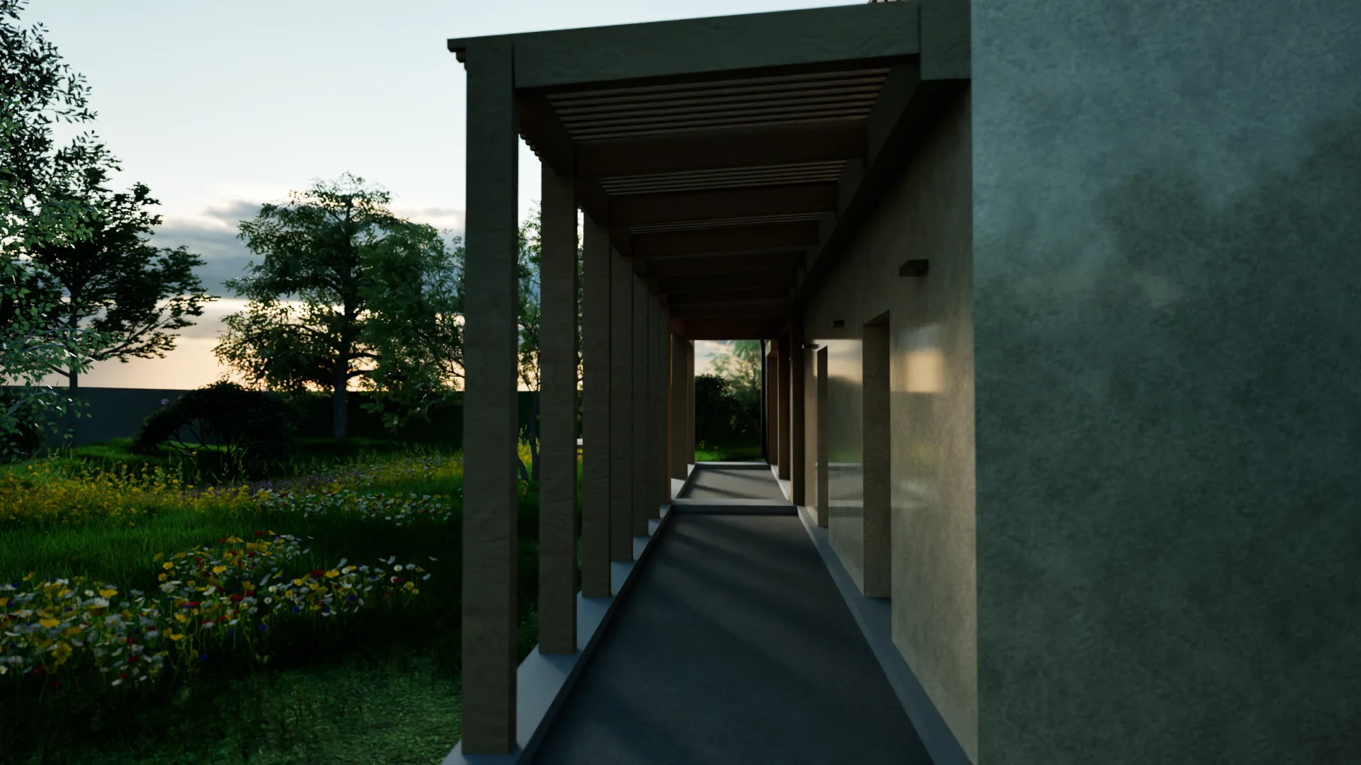 The exterior walkway at nightfall