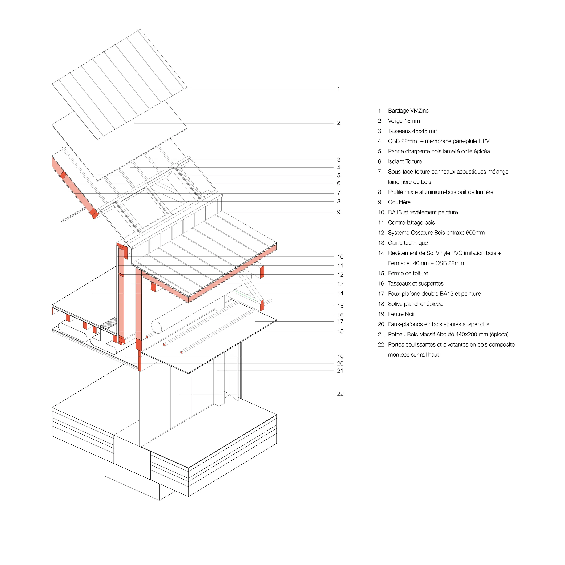 Constructive axonometric section — dialogue between the nave and the multi-purpose hall