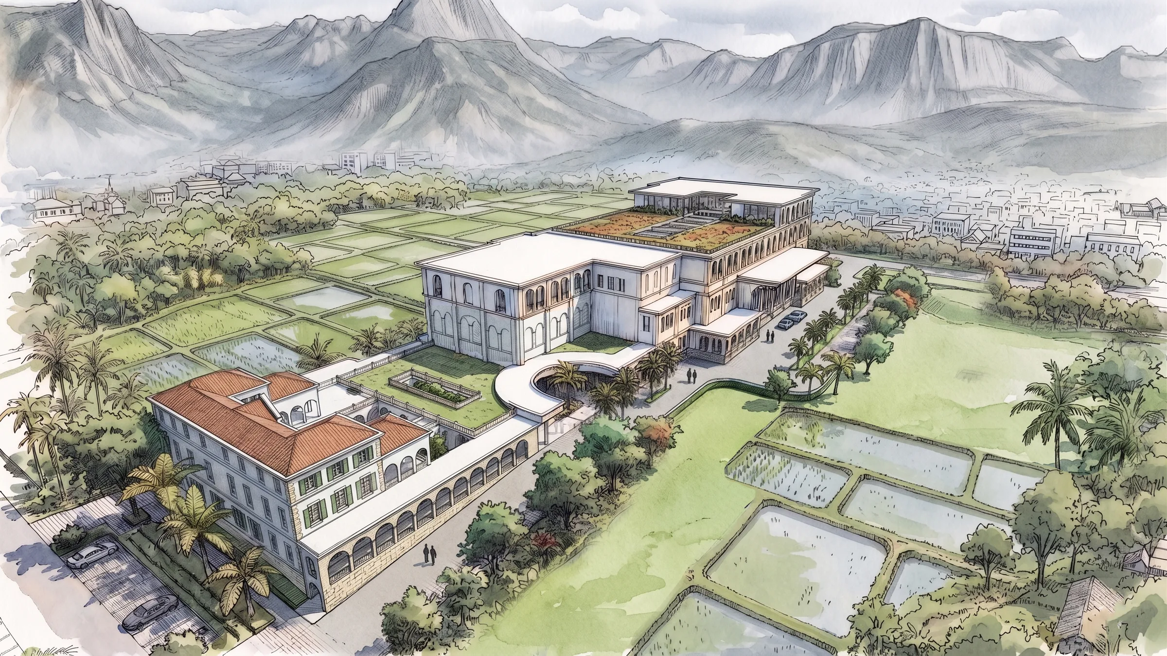 Illustrated aerial view of the complex from the north-west